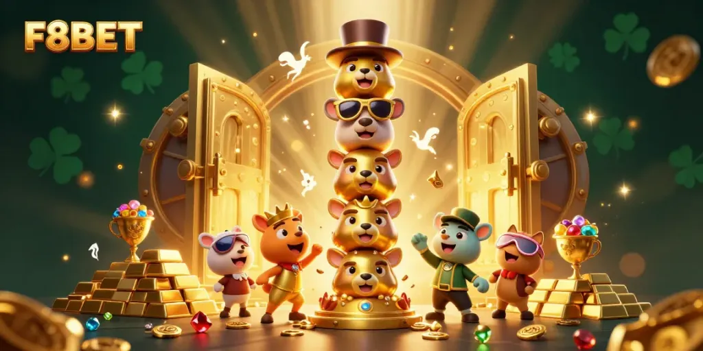 Embrace the thrill of gaming with F8BET's vibrant casino-themed illustration featuring a golden totem and treasures.