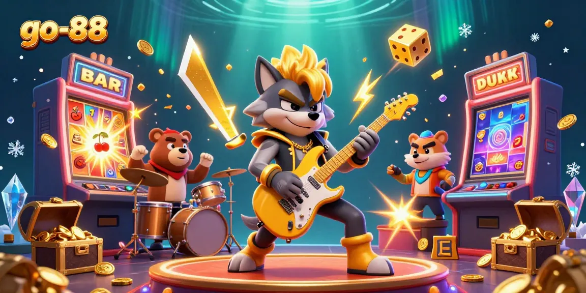 Experience the thrill of go-88: a vibrant casino scene featuring a rock star wolf with golden guitar and a drummer bear.