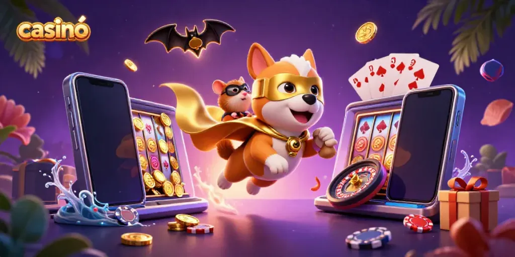 Superhero dog flying with golden coins amidst a colorful casino-themed 3D scene.