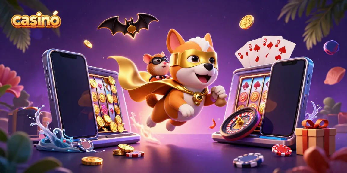 Superhero dog flying with golden coins amidst a colorful casino-themed 3D scene.