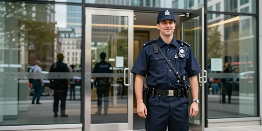 Security Guard maintaining safety at a corporate building in London.