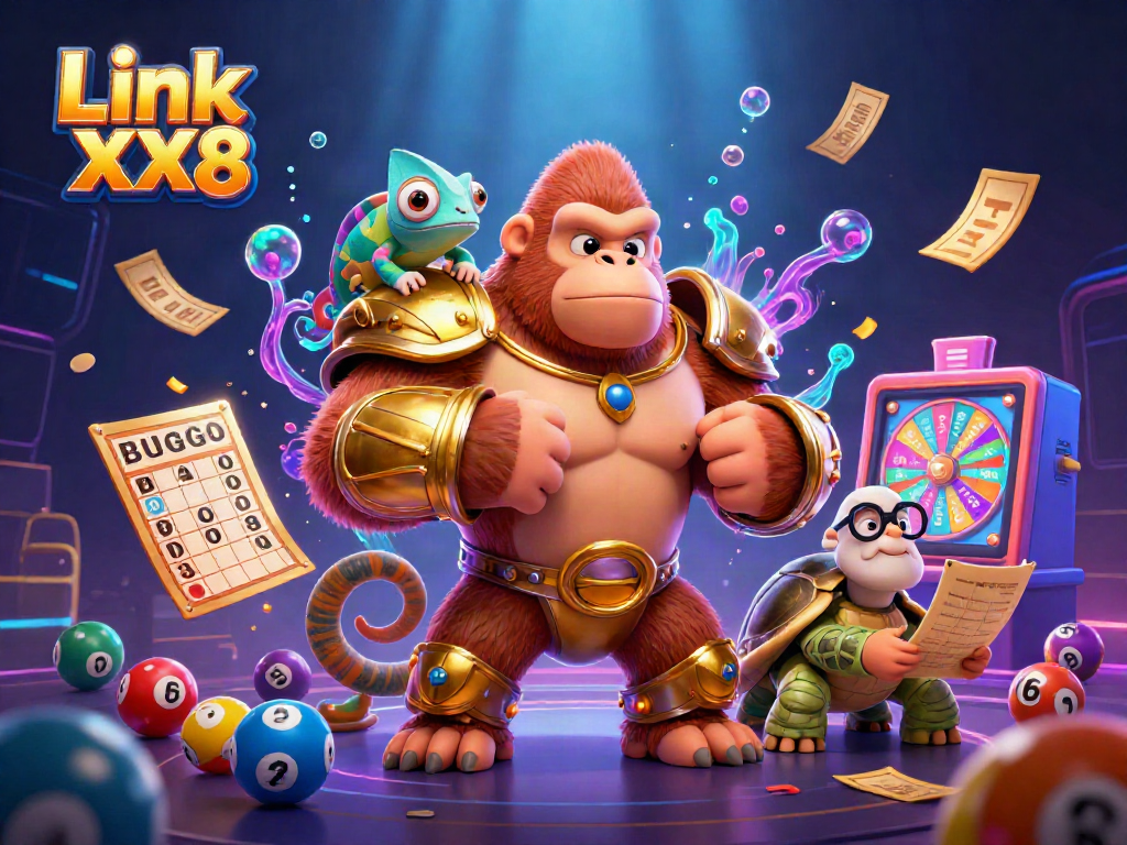Experience the thrill of Link XX8 with a vibrant 3D illustration featuring a gorilla, chameleon, and tortoise among casino elements.