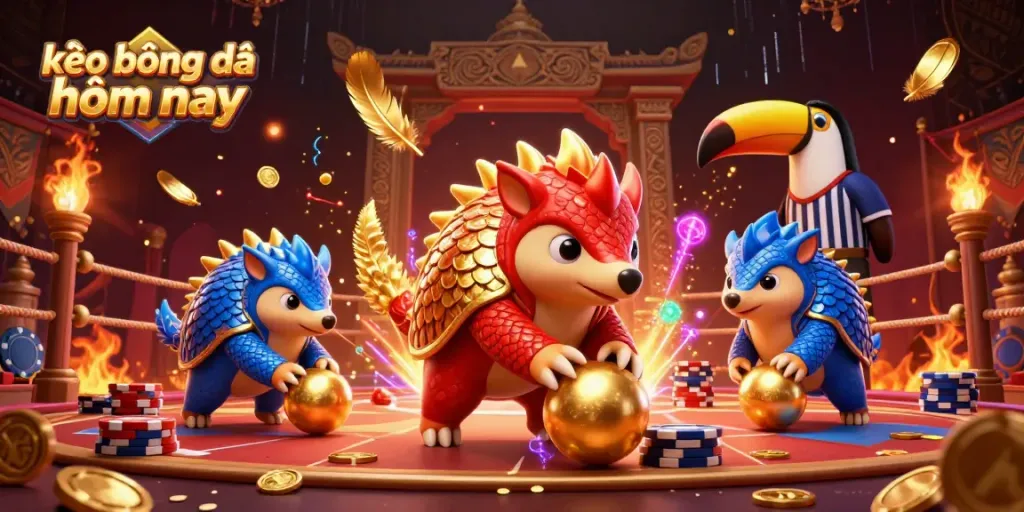 Experience thrilling sports betting with kèo bóng đá hôm nay showcased through a vibrant and dynamic 3D scene featuring playful pangolins.