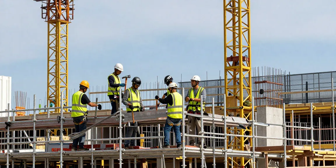 Commercial scaffolding installation at a busy construction site with workers collaborating, showcasing safety and professionalism.