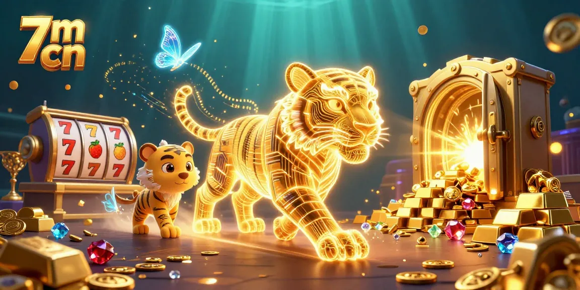 Bet on 7m cn in a vibrant digital casino with a neon-tiger mascot and slot reels
