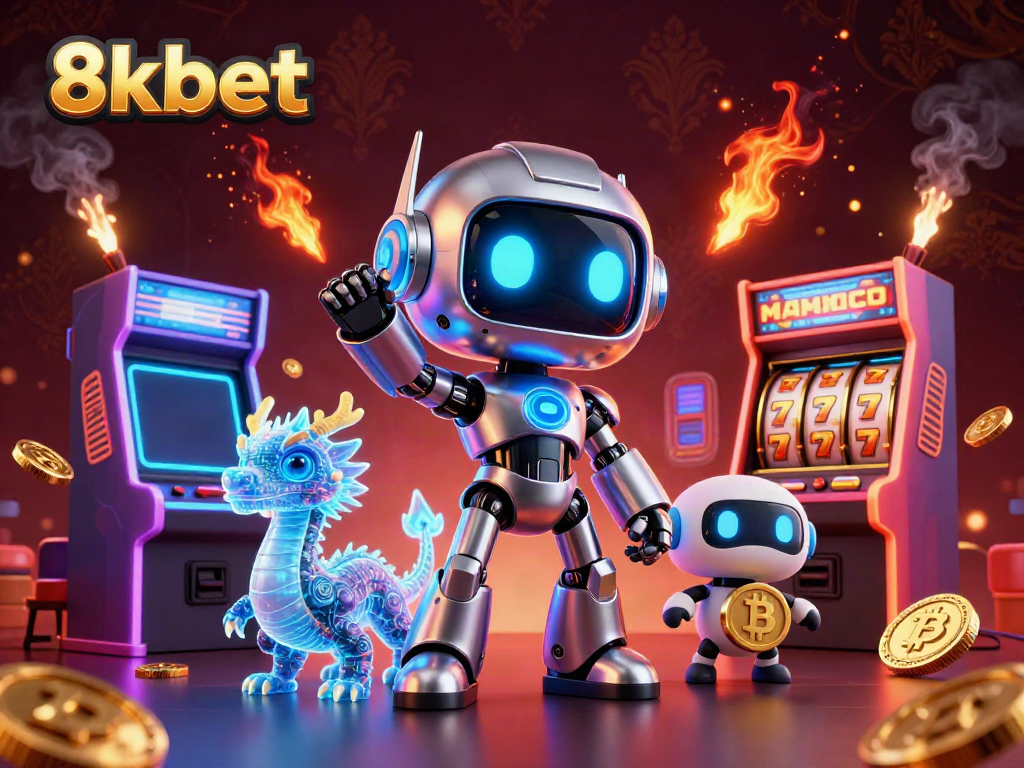 Experience the excitement of 8xbet with a dynamic, neon-lit 3D casino scene full of games and characters.