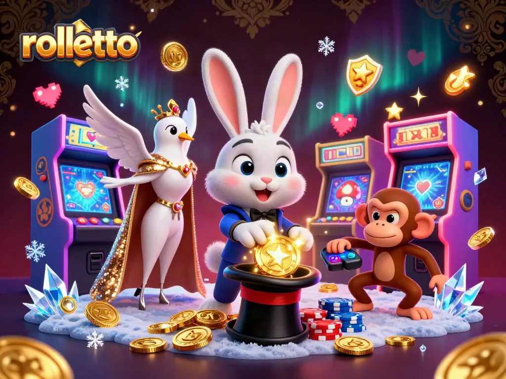 Experience the magic of rolletto with a cartoon magician and gaming elements in a vibrant casino scene.