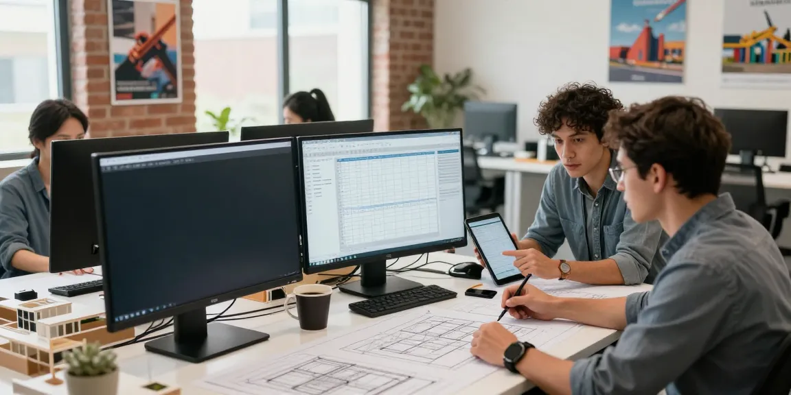 Team collaborating on quantity takeoff services in a modern office.