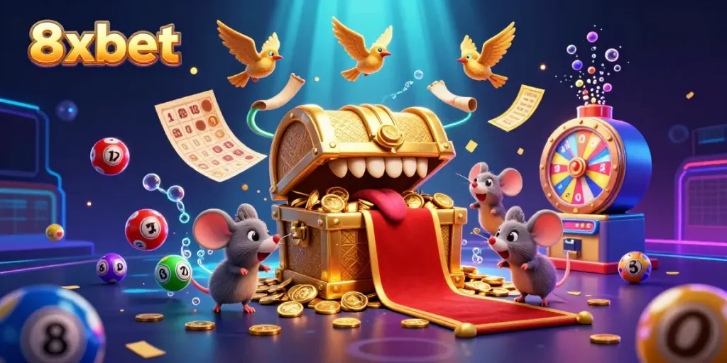 Experience thrilling adventures with 8xbet in this vibrant illustration featuring a treasure chest and colorful lottery elements