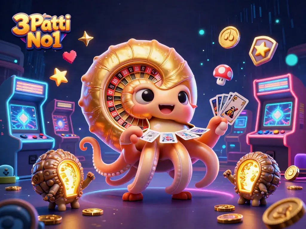 Experience the excitement of 3 Patti No1 with a cartoon nautilus holding cards and surrounded by glowing game elements.