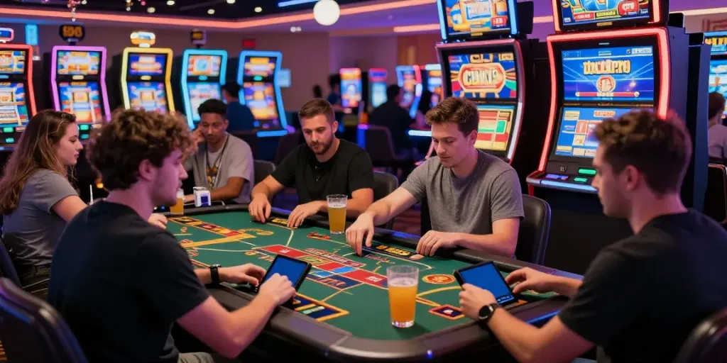 Diverse players enjoying an exciting game at a credit card casino with vibrant atmosphere and colorful slot machines.
