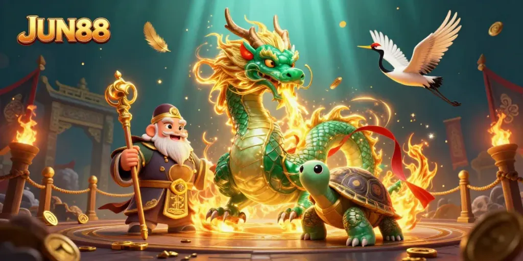 Experience the thrill of JUN88's casino gaming world with a vibrant dragon and golden elements.