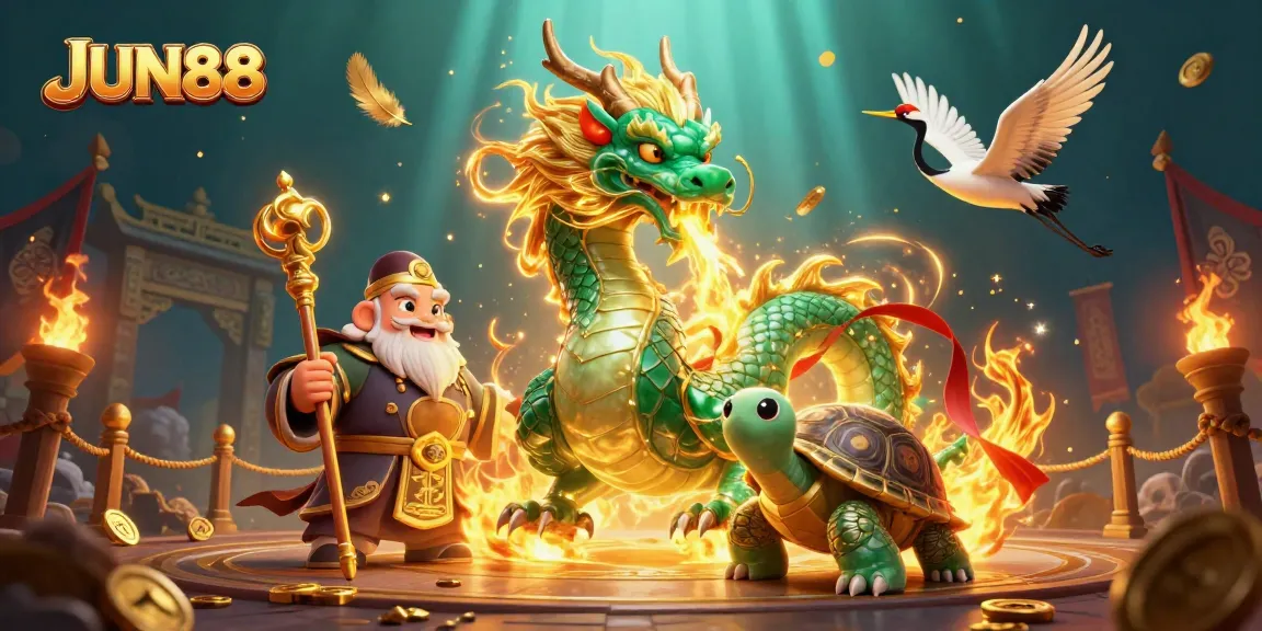 Experience the thrill of JUN88's casino gaming world with a vibrant dragon and golden elements.