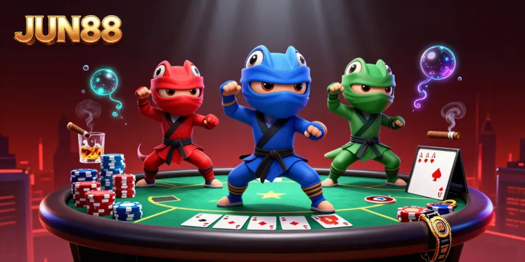 Experience the excitement of JUN88 with a dynamic scene of ninja chameleons and poker elements.