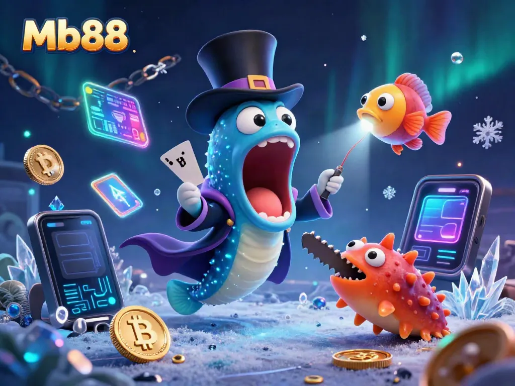 Mb88 showcases a magical deep-sea casino scene with vibrant characters performing tricks.