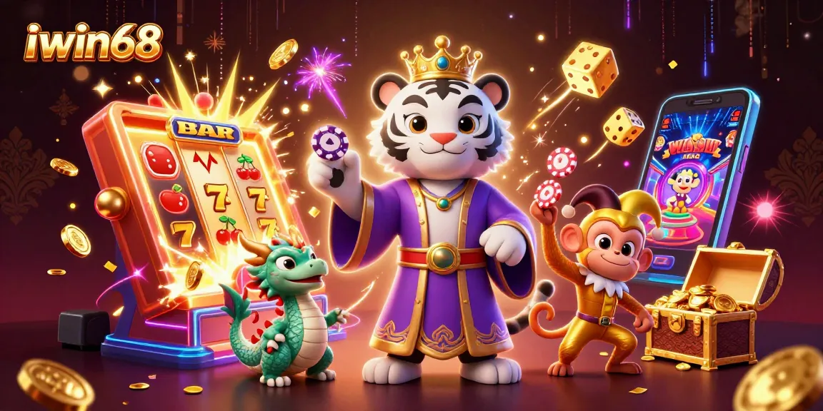 Experience the thrill of iwin68 with a vibrant 3D scene of a tiger, monkey, and dragon amidst casino games.