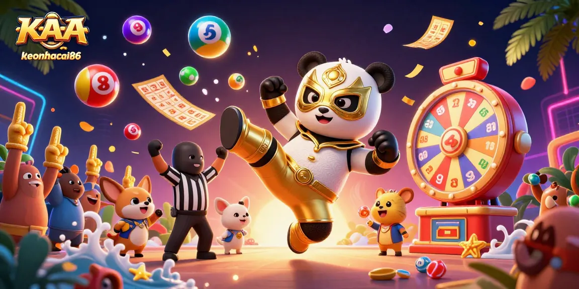 Experience the excitement of keonhacai86 as charming cartoon characters celebrate a vibrant gaming scene.