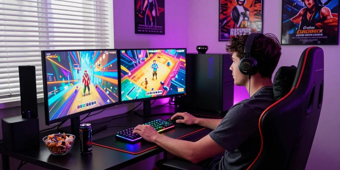 Play real ecchi games in a vibrant gaming setup showcasing dual monitors and RGB lights.