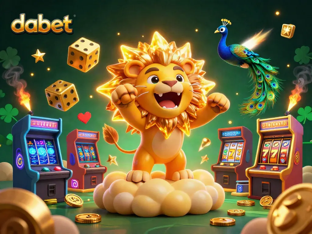 dabet slots illustration showcasing a roaring lion, golden dice, and vibrant game elements.