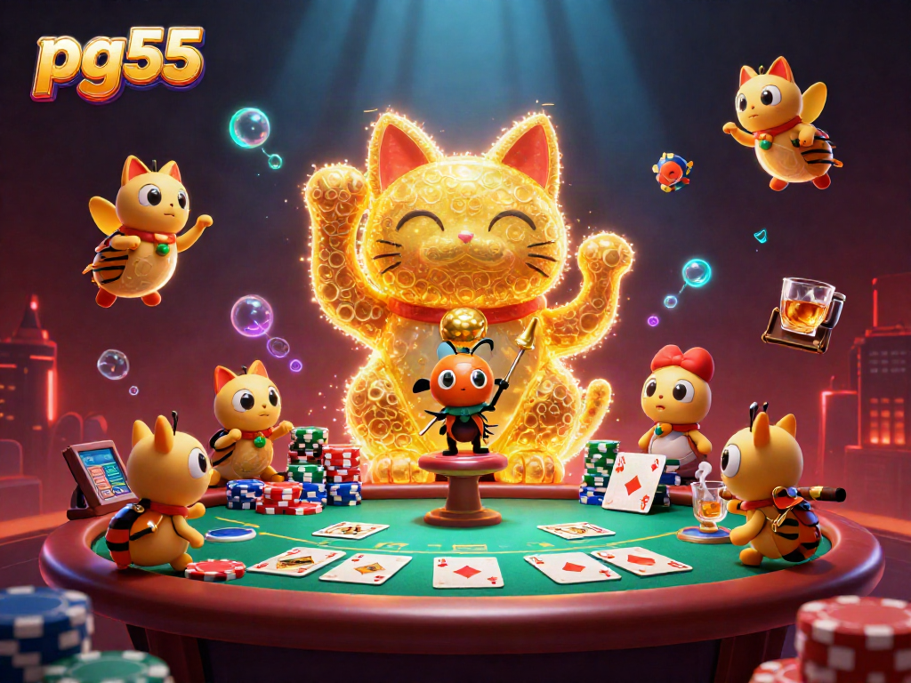 Experience the excitement of pg55 with golden fireflies and vibrant casino elements in this 3D illustration.