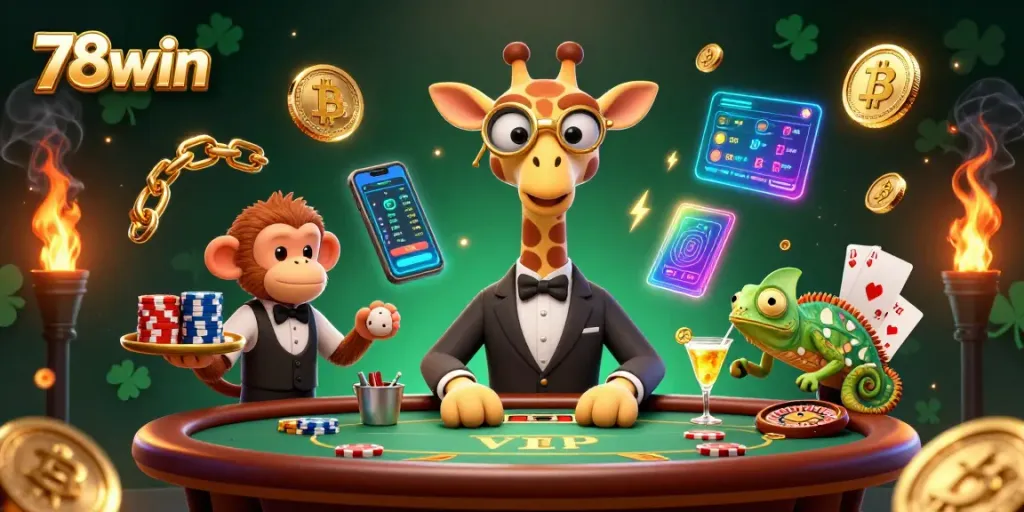 Experience thrilling poker action with 78win's vibrant illustration of a high-roller giraffe and friends.