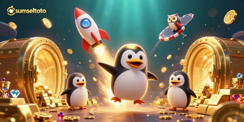 Explore the vibrant adventure of sumseltoto with a golden penguin and casino elements in space.