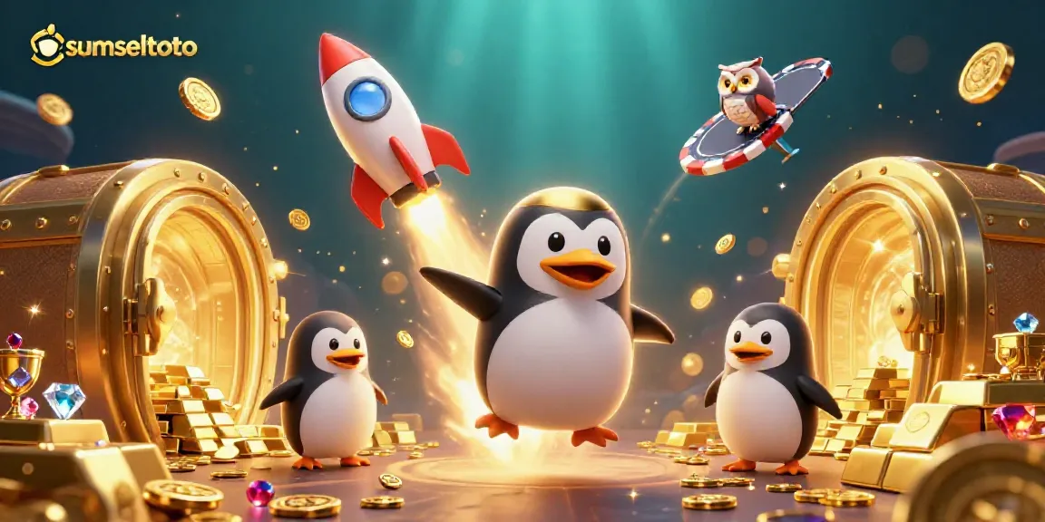 Explore the vibrant adventure of sumseltoto with a golden penguin and casino elements in space.