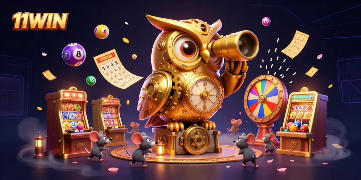 11WIN engaging casino scene featuring a golden owl, lottery balls, and slot machines for vibrant gaming action.