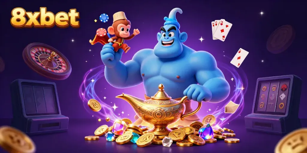 Play and win with 8xbet's exciting casino games featuring a genie and magical elements.