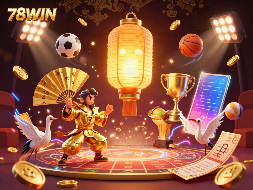 Experience thrilling gameplay with 78WIN's vibrant golden lantern spirit above a bustling casino scene.