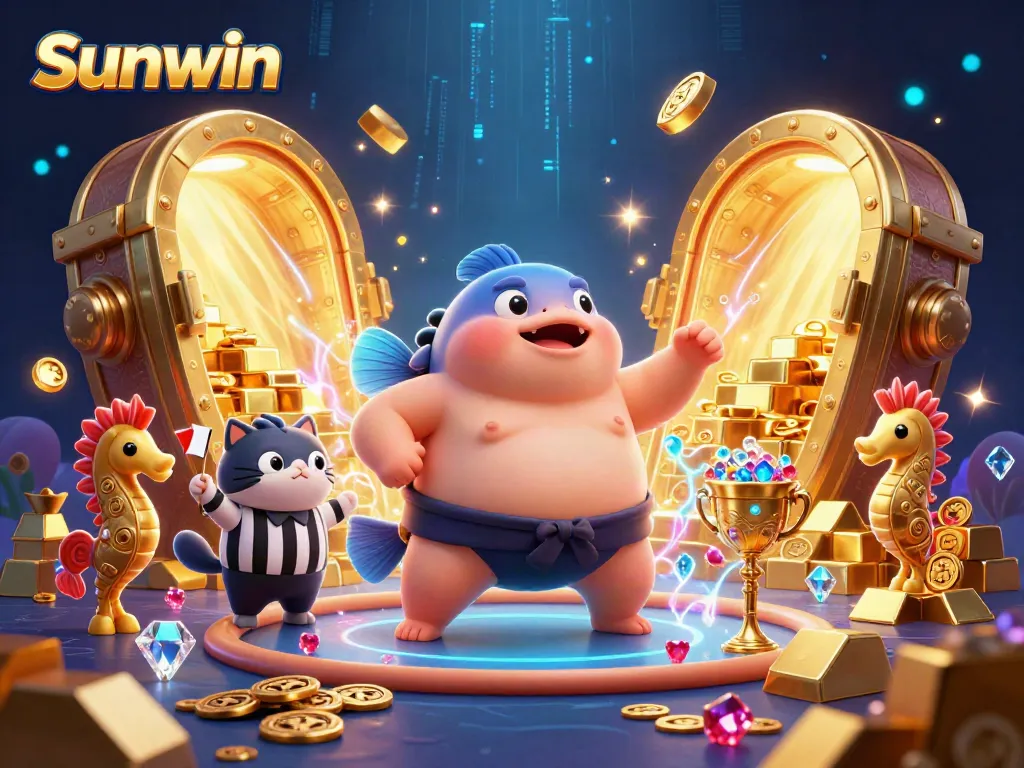 Engage with thrilling gameplay at Sunwin, featuring animated casino elements and lively characters.