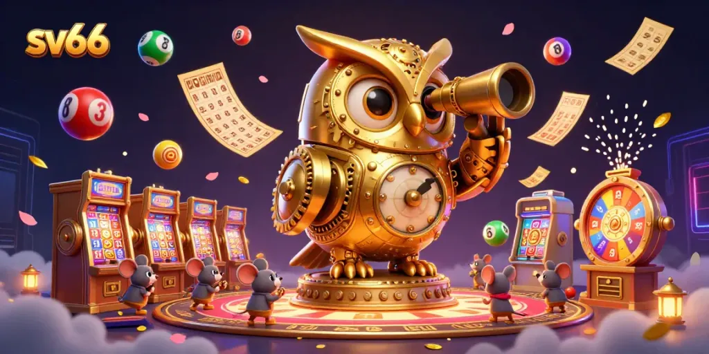 Engage with sv66's vibrant casino scene featuring a whimsical owl and lively game elements.
