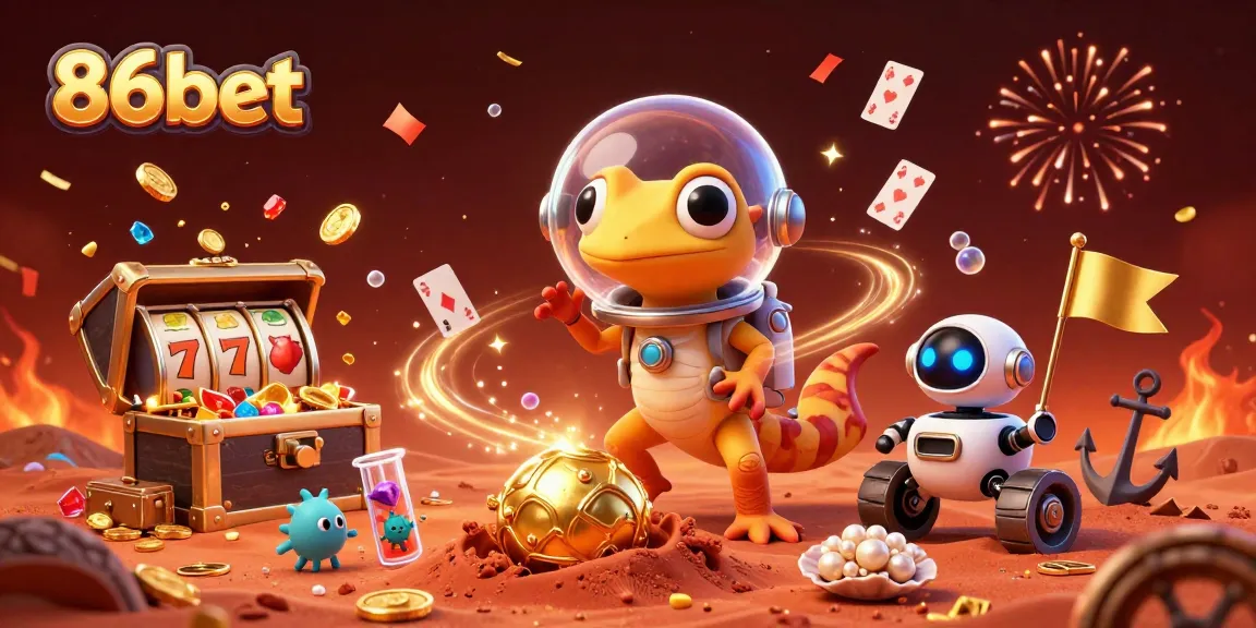 Experience excitement with 86bet in a vibrant 3D casino illustration filled with treasures and games.