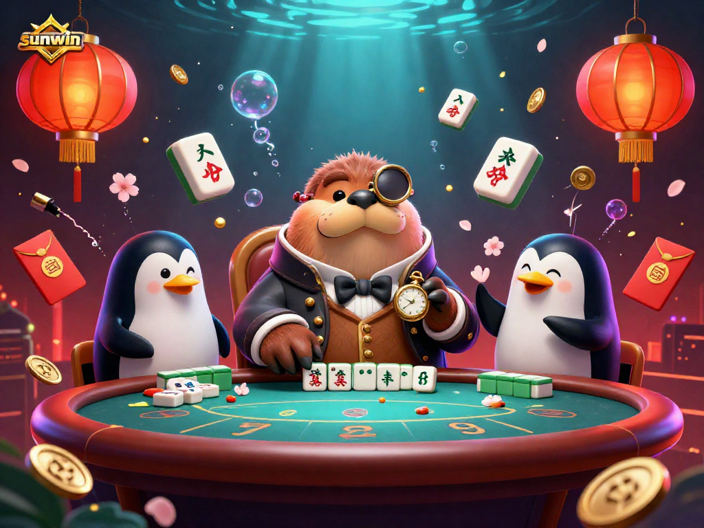 Experience the thrilling sunwin poker showdown with a jolly walrus, sophisticated dealer, and bluffing pufferfish.