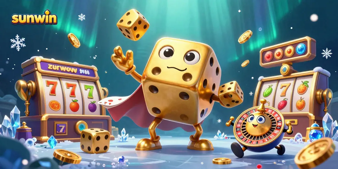 Experience sunwin gaming excitement with a cartoon dice golem, vibrant colors, and dynamic casino elements.