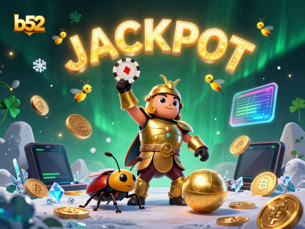 Win big with b52 as the gladiator beetle celebrates victory amidst glowing crypto elements in a vibrant casino setting.