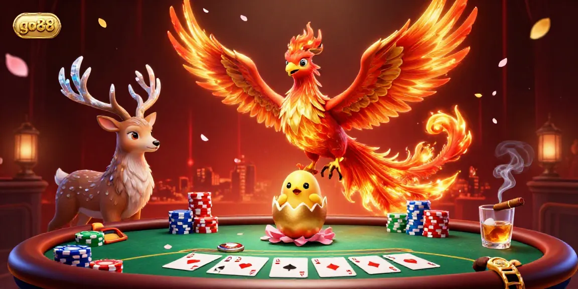Engage with go88 in this vibrant casino scene featuring a majestic phoenix and a poker table packed with colorful chips.