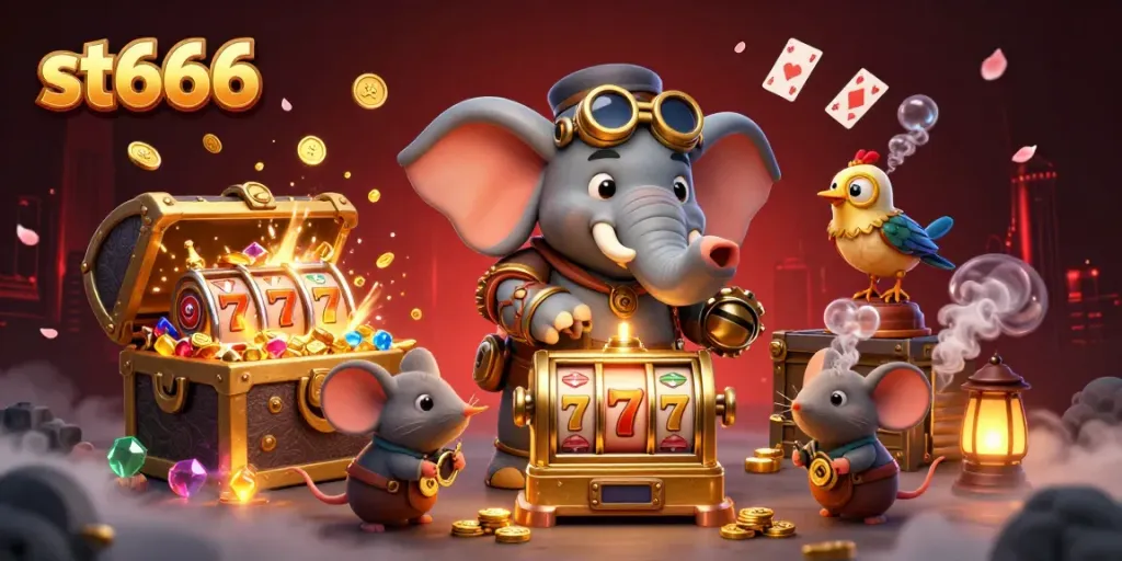 Engage with st666's vibrant 3D casino scene featuring steampunk elements and exciting slot gameplay.