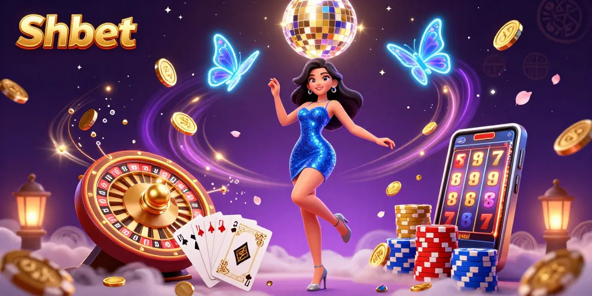 Experience the thrill of Shbet with vibrant casino elements including golden coins and a glamorous dancer.