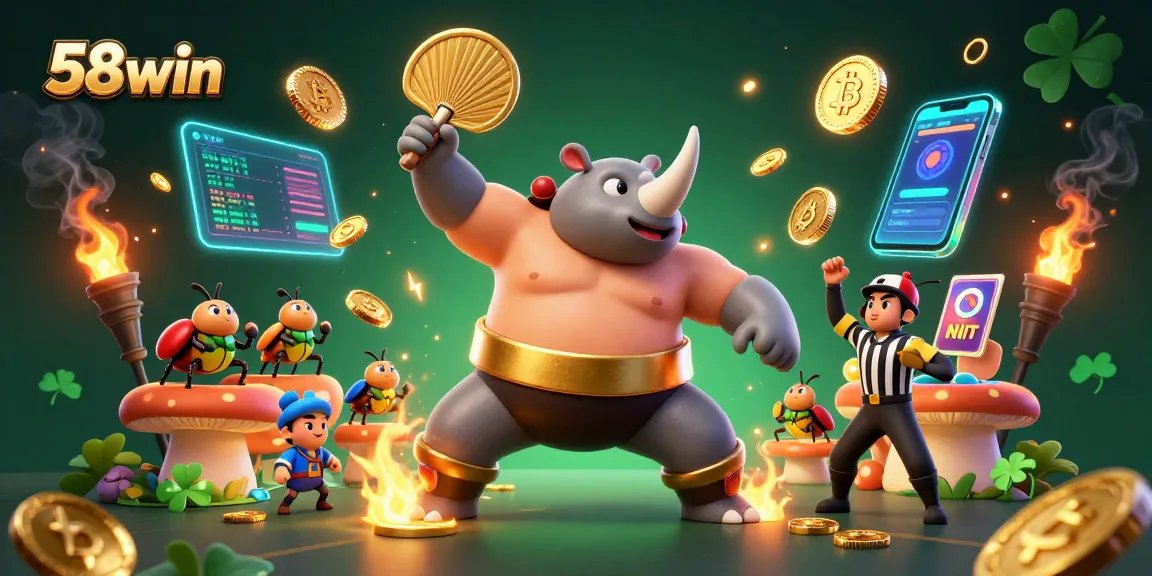 Join the action at 58win with a vibrant casino-themed 3D illustration featuring lively characters and flashing coins.