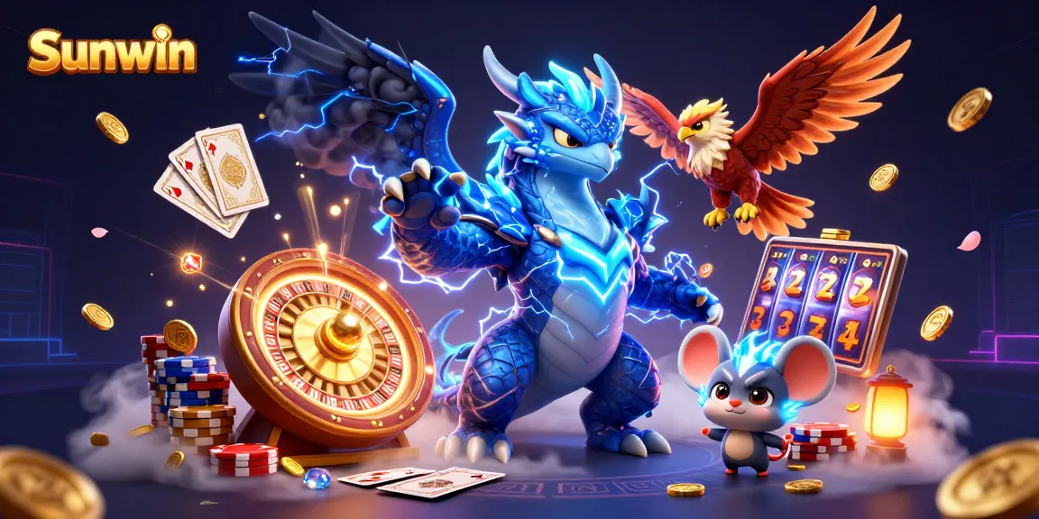 Sunwin showcases a thunder dragon, hawk, and coin cascades in an exciting casino scene.