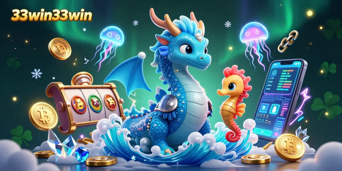 Win big with 33win33win's magical dragon and coral knight surrounded by slots and crypto!