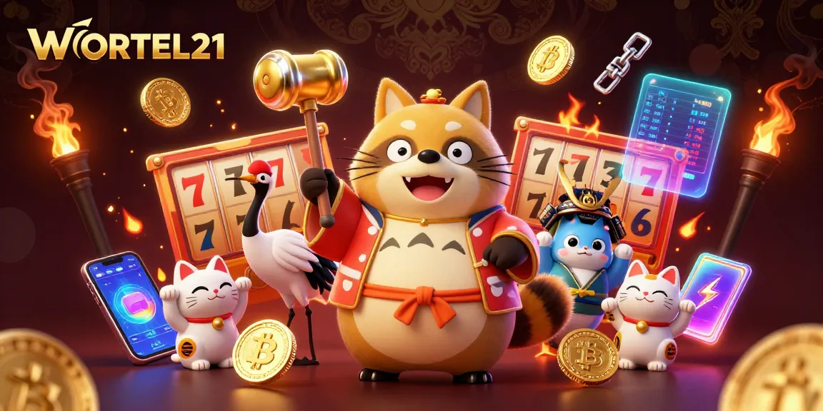 Engage with WORTEL21's vibrant slot games featuring a lucky tanuki and cryptocurrency elements.