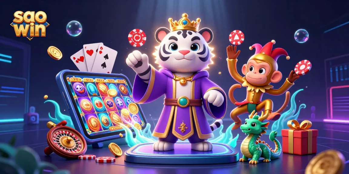 Sao win brings excitement to players, showcasing a vibrant scene with a white tiger, monkey, and jade dragon in a casino setting.