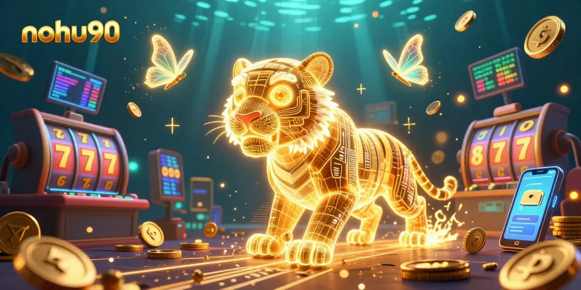 Nohu90 slot game scene with a neon golden tiger and colorful coins lighting up the vibrant digital casino.