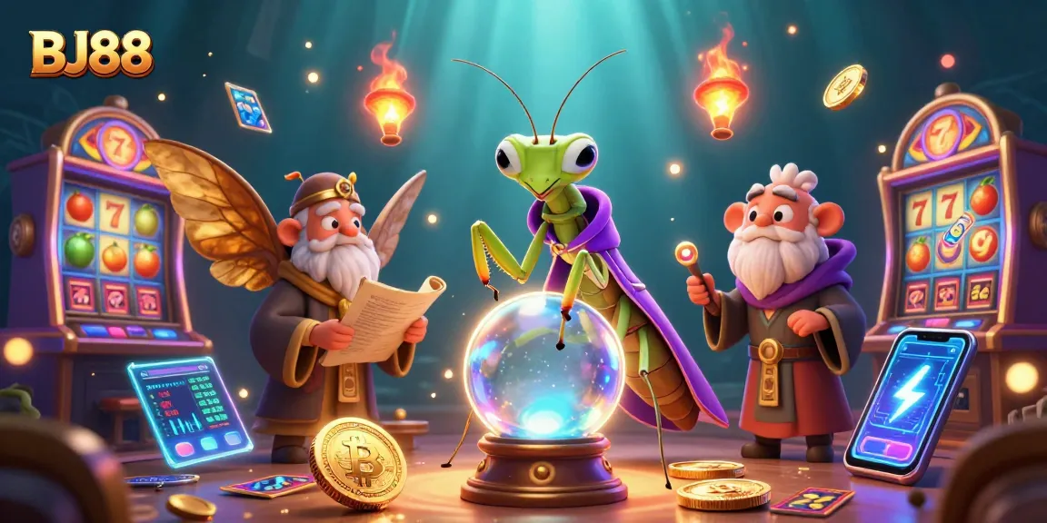 Engage with BJ88 Casino's vibrant scene featuring animated fortune teller and rich gaming elements.