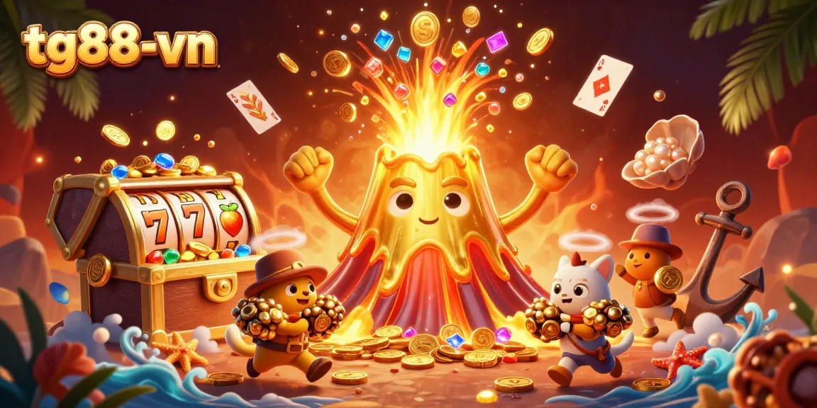 Tg88-vn showcases thrilling casino excitement with vibrant golden volcano, treasure, and gaming elements.