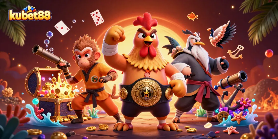Kubet88 showcases fierce Muay Thai roosters and martial artists celebrating explosive casino wins and adventures.