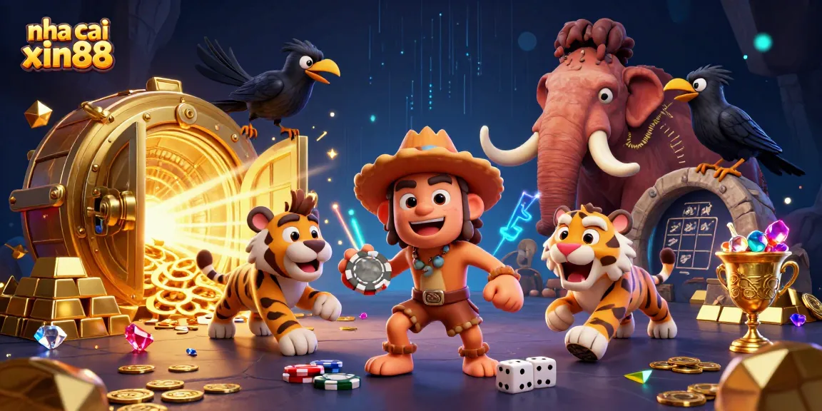 Engage with nha cai xin88 at this vibrant, dynamic casino scene featuring prehistoric characters and dazzling treasures.