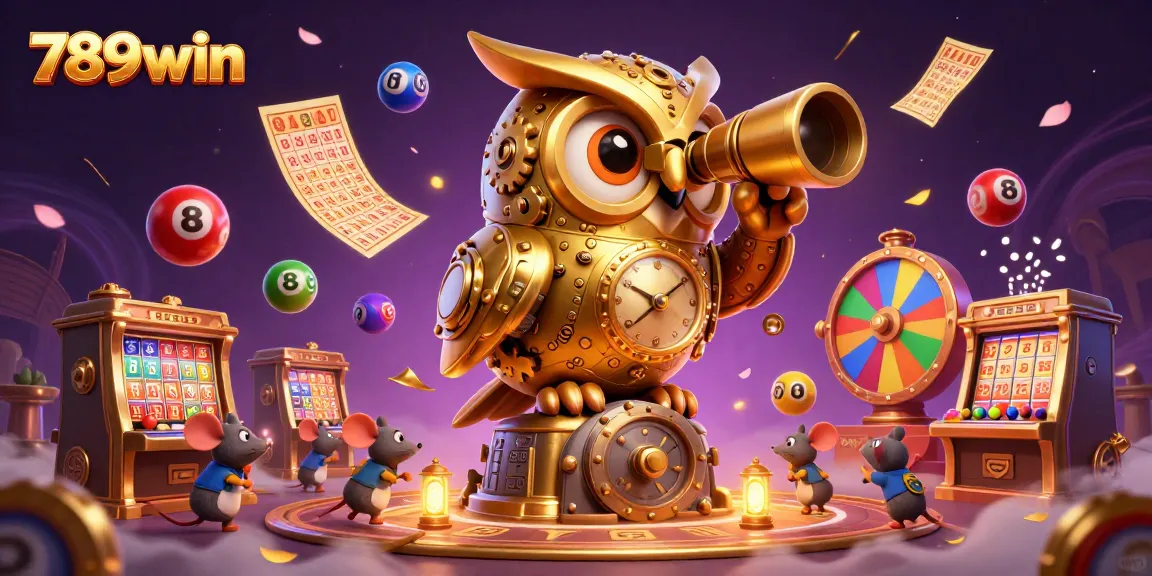 Experience the excitement at 789win's dynamic casino scene with a golden owl overseeing thrilling games.